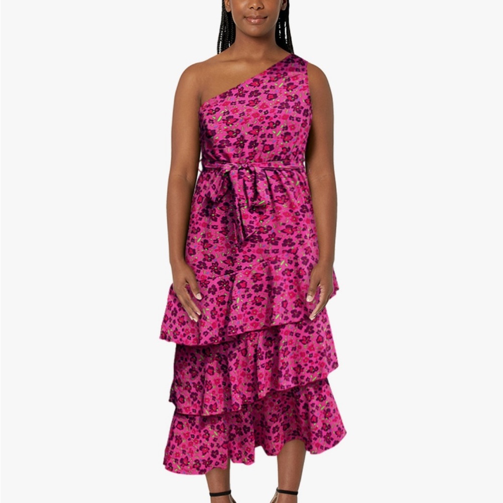 Vibrant Pink Animal Print One-Shoulder Midi Dress